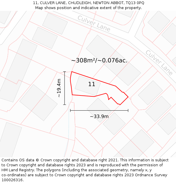 11, CULVER LANE, CHUDLEIGH, NEWTON ABBOT, TQ13 0PQ: Plot and title map