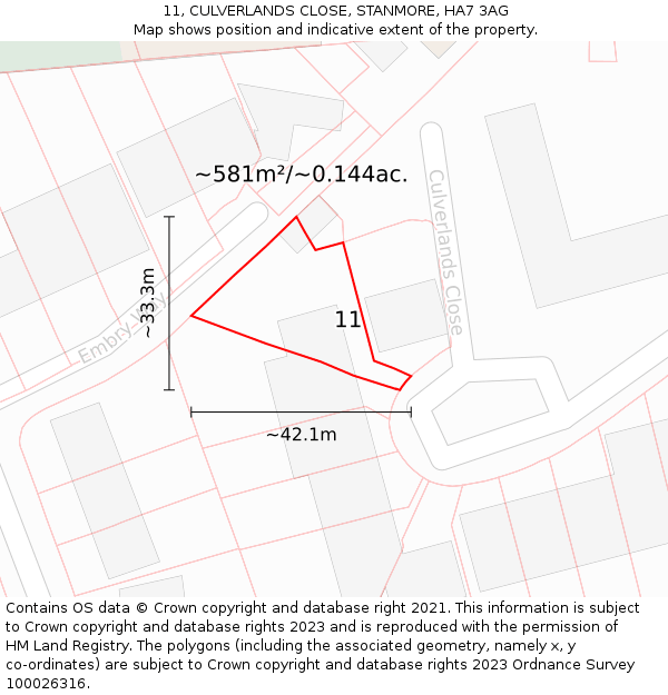 11, CULVERLANDS CLOSE, STANMORE, HA7 3AG: Plot and title map