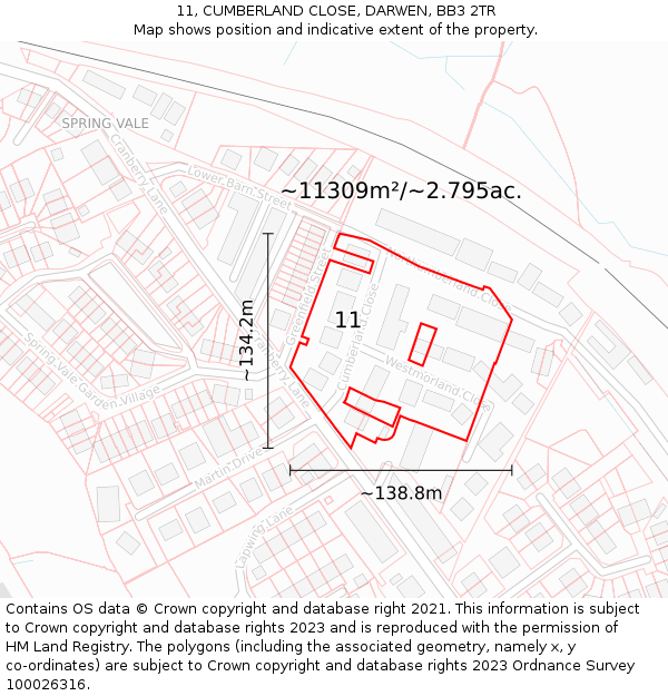 11, CUMBERLAND CLOSE, DARWEN, BB3 2TR: Plot and title map