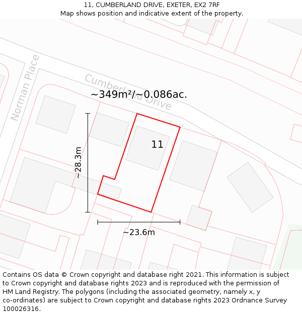 11, CUMBERLAND DRIVE, EXETER, EX2 7RF: Plot and title map