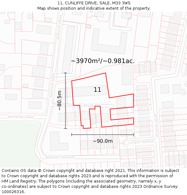 11, CUNLIFFE DRIVE, SALE, M33 3WS: Plot and title map