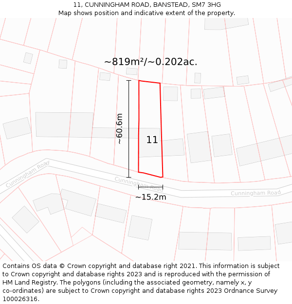 11, CUNNINGHAM ROAD, BANSTEAD, SM7 3HG: Plot and title map