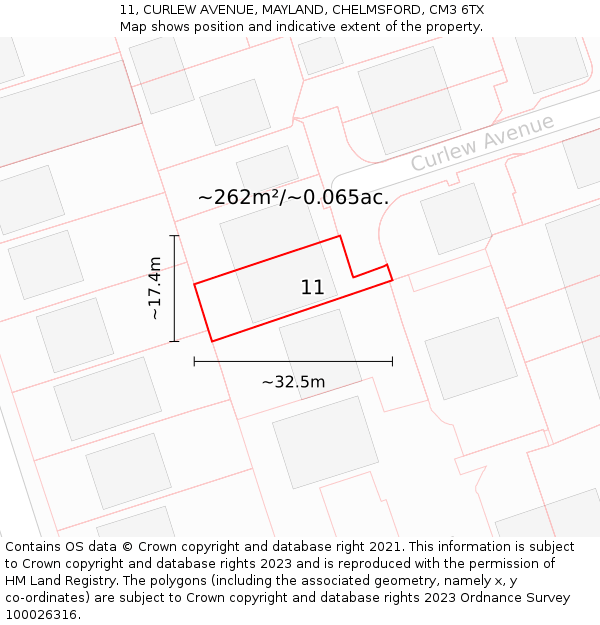 11, CURLEW AVENUE, MAYLAND, CHELMSFORD, CM3 6TX: Plot and title map