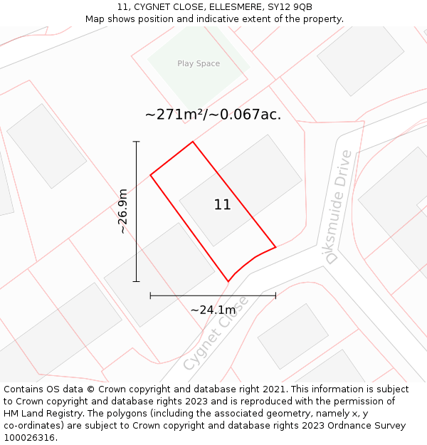 11, CYGNET CLOSE, ELLESMERE, SY12 9QB: Plot and title map