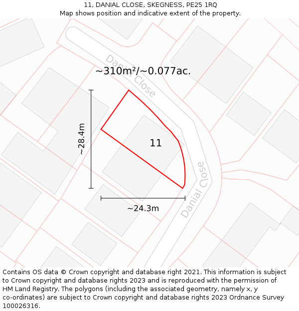 11, DANIAL CLOSE, SKEGNESS, PE25 1RQ: Plot and title map