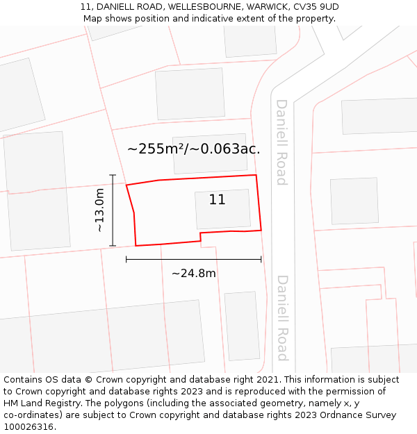 11, DANIELL ROAD, WELLESBOURNE, WARWICK, CV35 9UD: Plot and title map