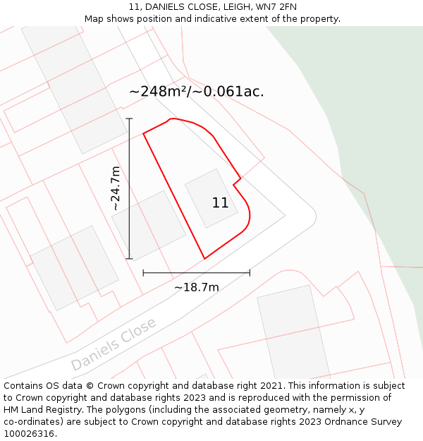 11, DANIELS CLOSE, LEIGH, WN7 2FN: Plot and title map