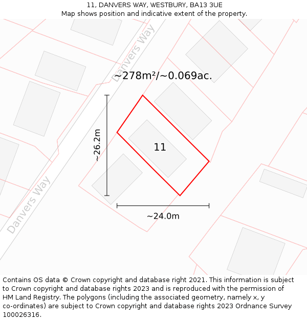 11, DANVERS WAY, WESTBURY, BA13 3UE: Plot and title map
