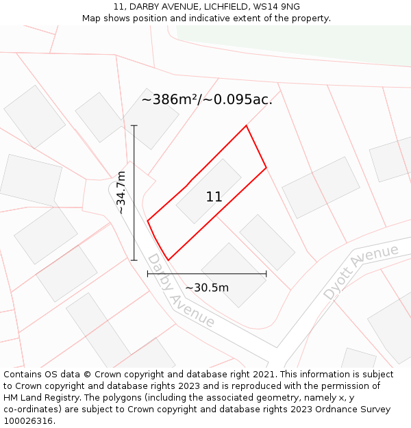 11, DARBY AVENUE, LICHFIELD, WS14 9NG: Plot and title map