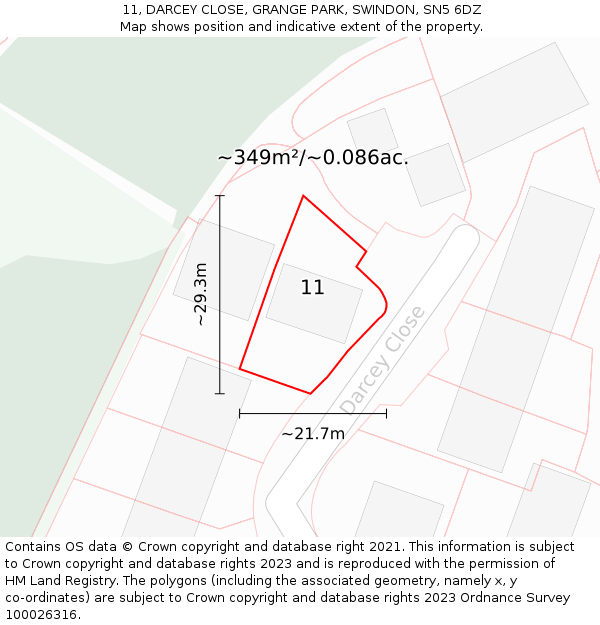 11, DARCEY CLOSE, GRANGE PARK, SWINDON, SN5 6DZ: Plot and title map