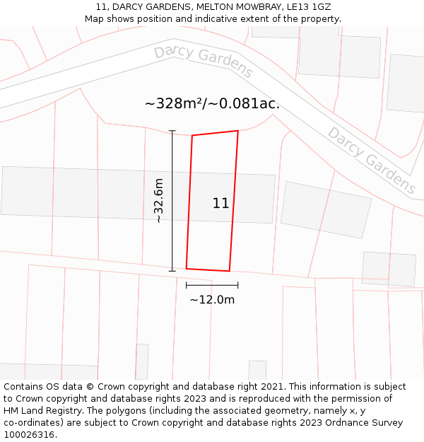 11, DARCY GARDENS, MELTON MOWBRAY, LE13 1GZ: Plot and title map