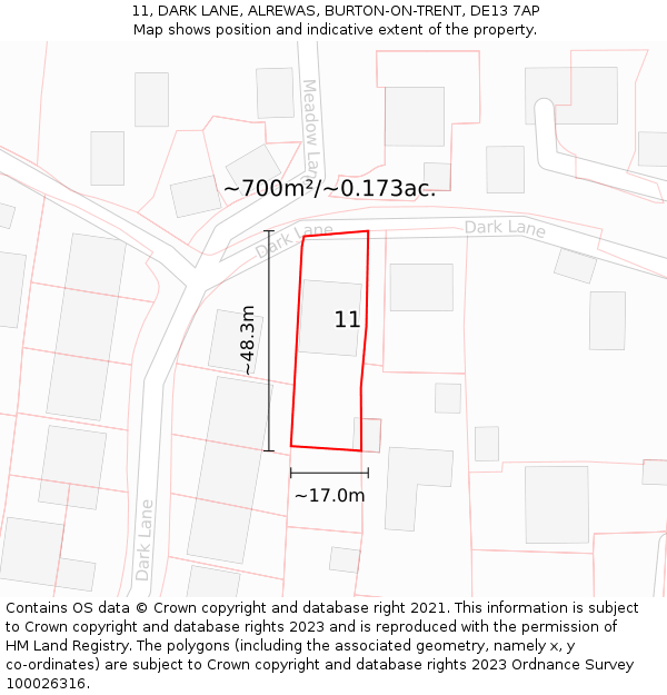 11, DARK LANE, ALREWAS, BURTON-ON-TRENT, DE13 7AP: Plot and title map