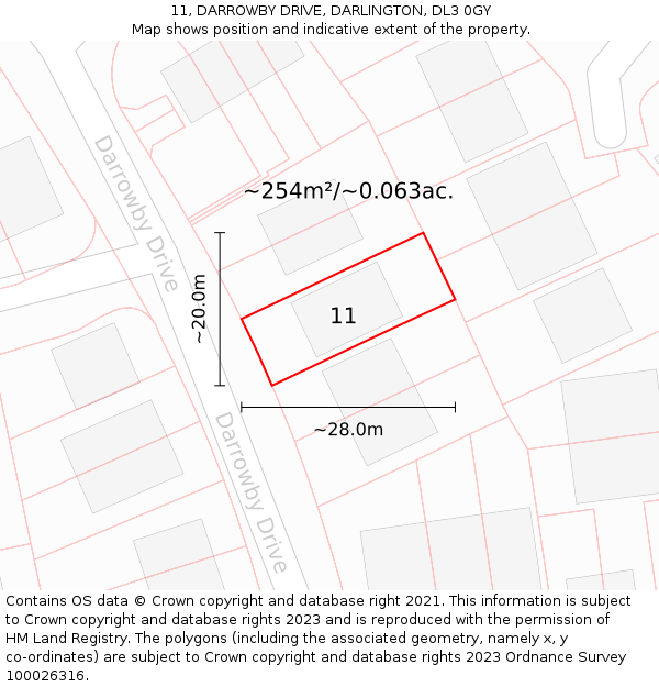 11, DARROWBY DRIVE, DARLINGTON, DL3 0GY: Plot and title map