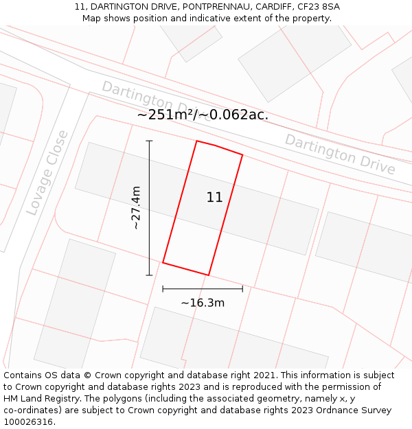 11, DARTINGTON DRIVE, PONTPRENNAU, CARDIFF, CF23 8SA: Plot and title map