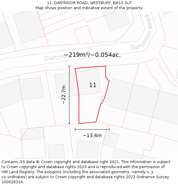 11, DARTMOOR ROAD, WESTBURY, BA13 3UT: Plot and title map