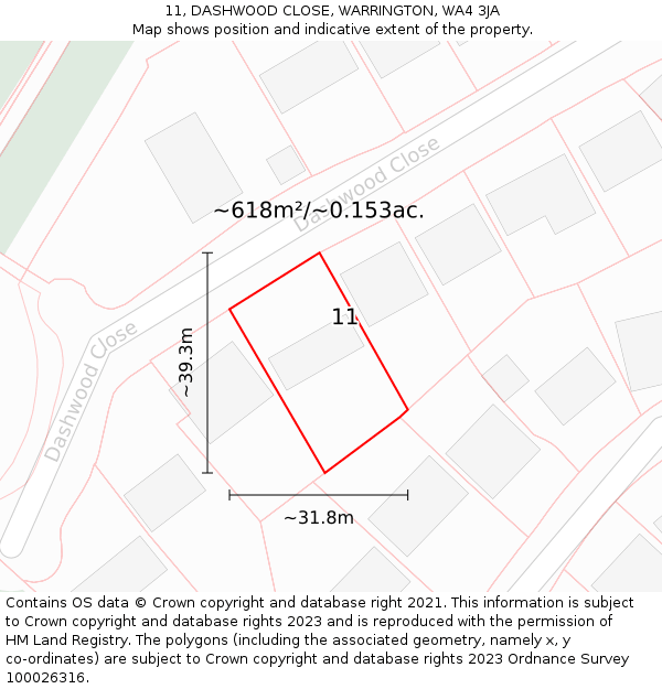 11, DASHWOOD CLOSE, WARRINGTON, WA4 3JA: Plot and title map