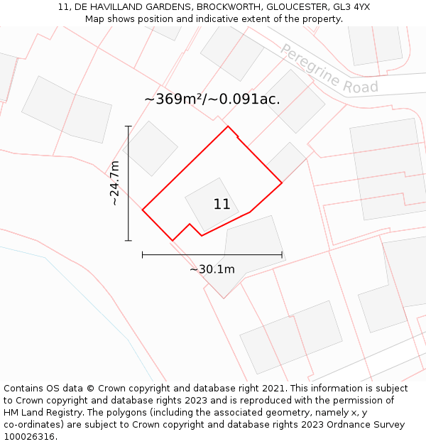 11, DE HAVILLAND GARDENS, BROCKWORTH, GLOUCESTER, GL3 4YX: Plot and title map