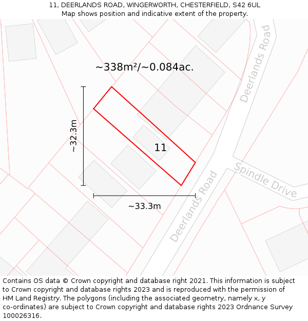 11, DEERLANDS ROAD, WINGERWORTH, CHESTERFIELD, S42 6UL: Plot and title map