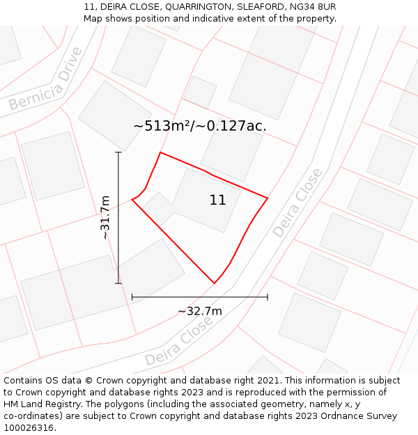 11, DEIRA CLOSE, QUARRINGTON, SLEAFORD, NG34 8UR: Plot and title map