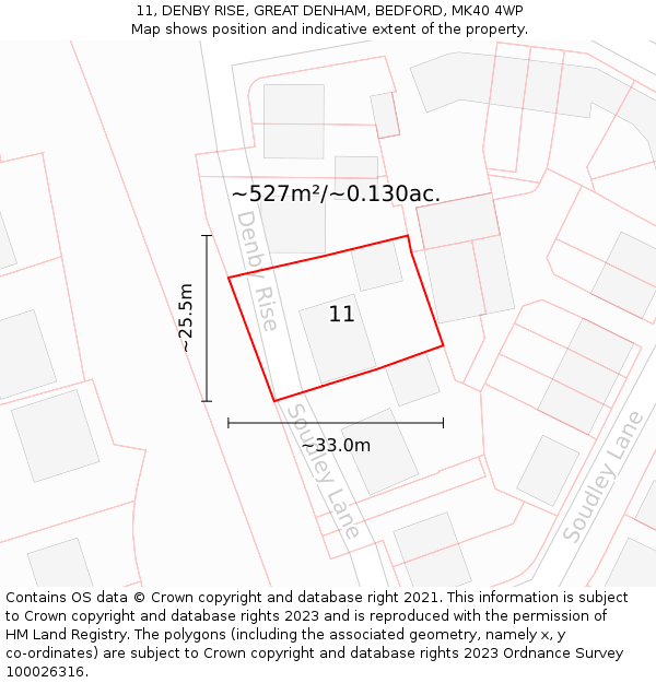 11, DENBY RISE, GREAT DENHAM, BEDFORD, MK40 4WP: Plot and title map