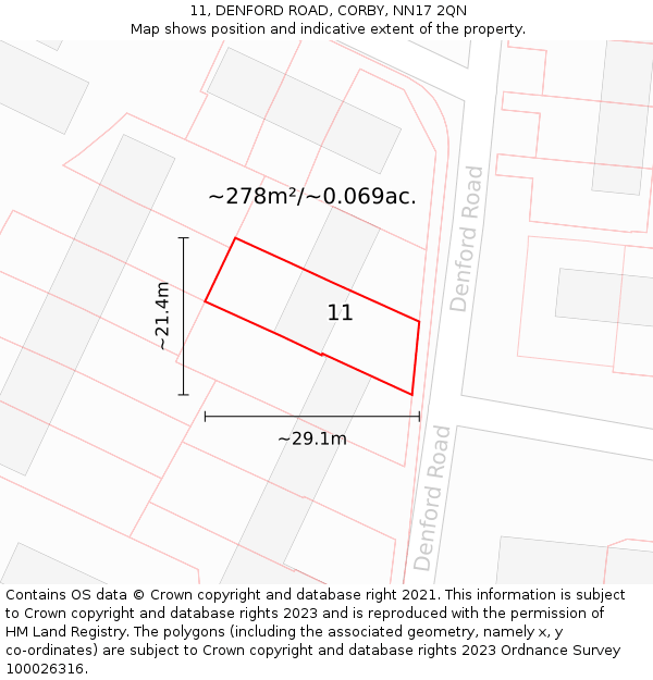 11, DENFORD ROAD, CORBY, NN17 2QN: Plot and title map