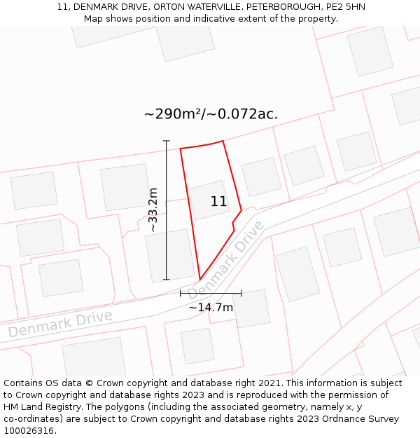 11, DENMARK DRIVE, ORTON WATERVILLE, PETERBOROUGH, PE2 5HN: Plot and title map