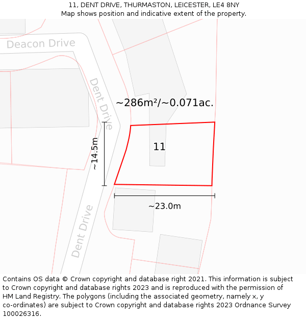 11, DENT DRIVE, THURMASTON, LEICESTER, LE4 8NY: Plot and title map