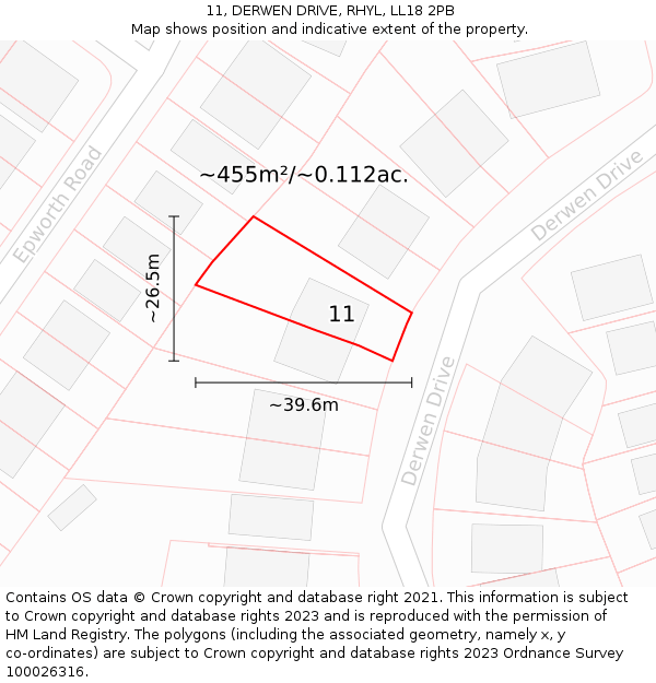 11, DERWEN DRIVE, RHYL, LL18 2PB: Plot and title map