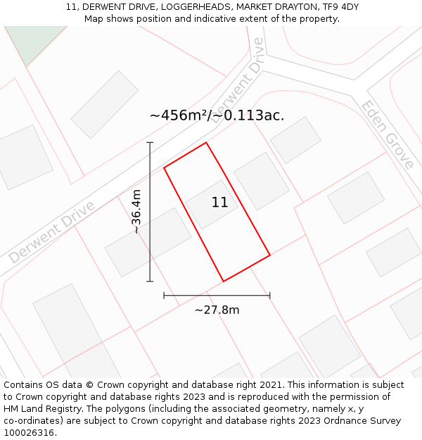 11, DERWENT DRIVE, LOGGERHEADS, MARKET DRAYTON, TF9 4DY: Plot and title map