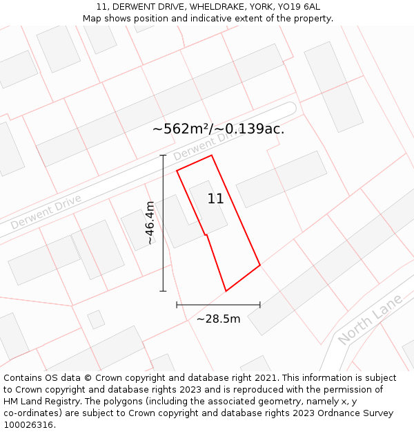 11, DERWENT DRIVE, WHELDRAKE, YORK, YO19 6AL: Plot and title map