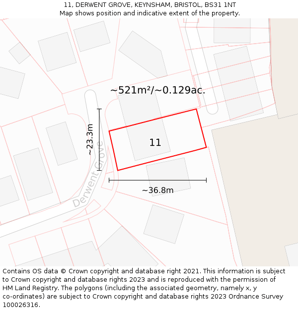 11, DERWENT GROVE, KEYNSHAM, BRISTOL, BS31 1NT: Plot and title map