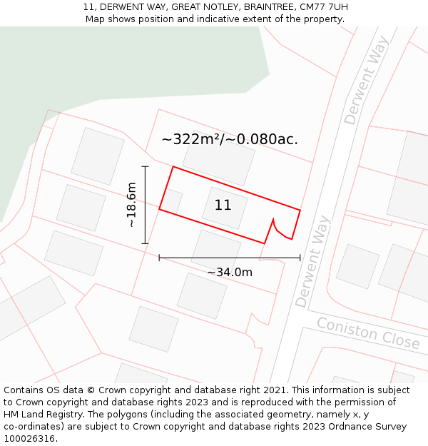 11, DERWENT WAY, GREAT NOTLEY, BRAINTREE, CM77 7UH: Plot and title map