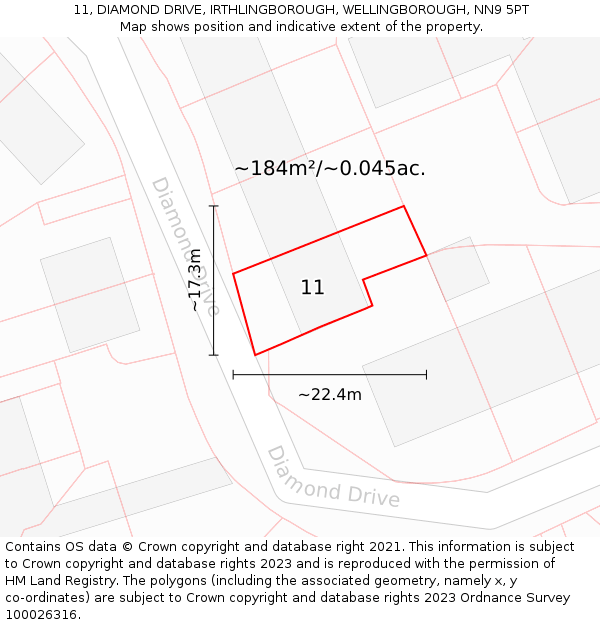 11, DIAMOND DRIVE, IRTHLINGBOROUGH, WELLINGBOROUGH, NN9 5PT: Plot and title map