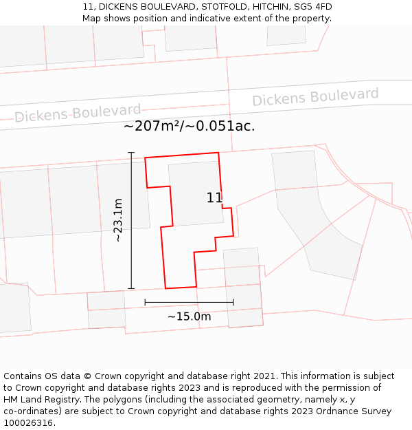 11, DICKENS BOULEVARD, STOTFOLD, HITCHIN, SG5 4FD: Plot and title map