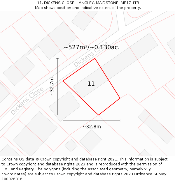 11, DICKENS CLOSE, LANGLEY, MAIDSTONE, ME17 1TB: Plot and title map