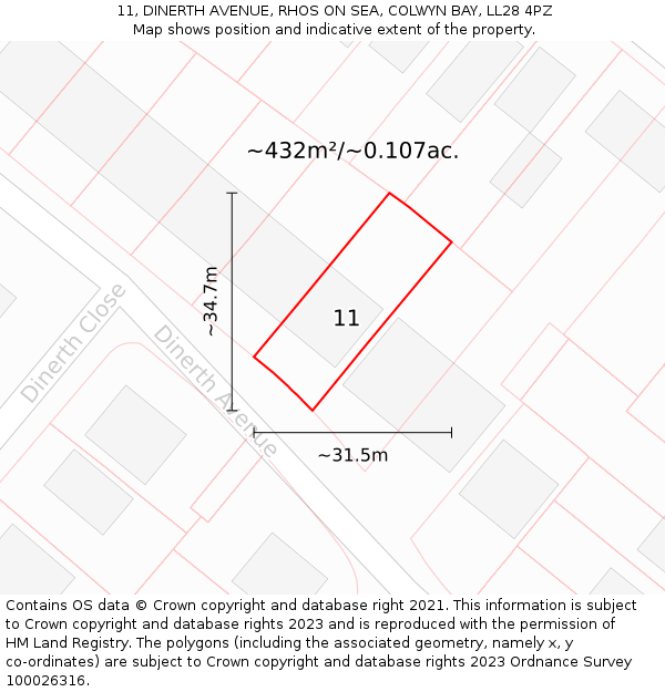 11, DINERTH AVENUE, RHOS ON SEA, COLWYN BAY, LL28 4PZ: Plot and title map