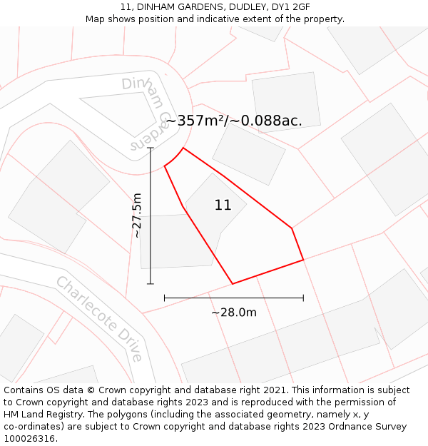 11, DINHAM GARDENS, DUDLEY, DY1 2GF: Plot and title map