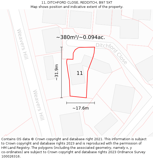 11, DITCHFORD CLOSE, REDDITCH, B97 5XT: Plot and title map