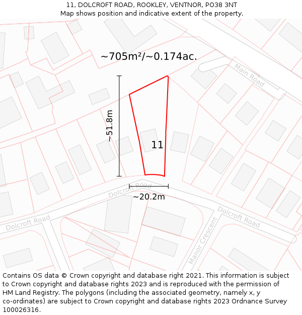 11, DOLCROFT ROAD, ROOKLEY, VENTNOR, PO38 3NT: Plot and title map