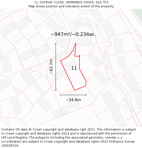 11, DONNAY CLOSE, GERRARDS CROSS, SL9 7PZ: Plot and title map