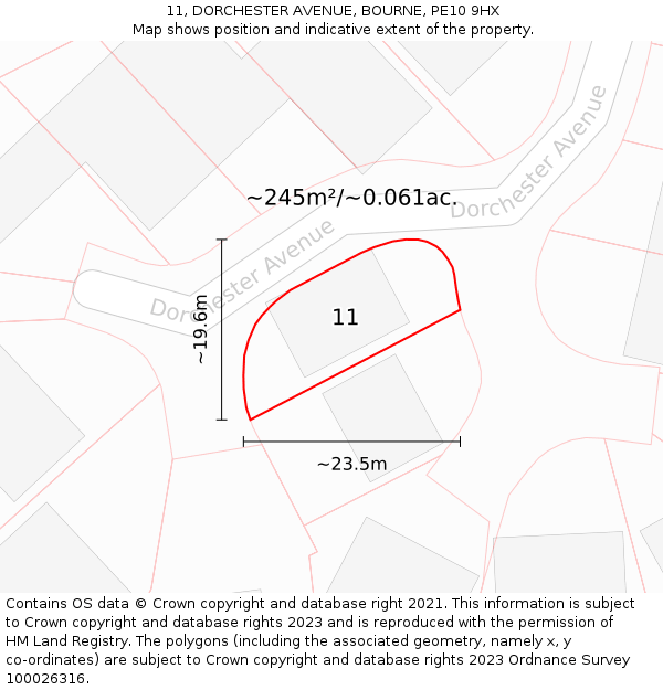 11, DORCHESTER AVENUE, BOURNE, PE10 9HX: Plot and title map