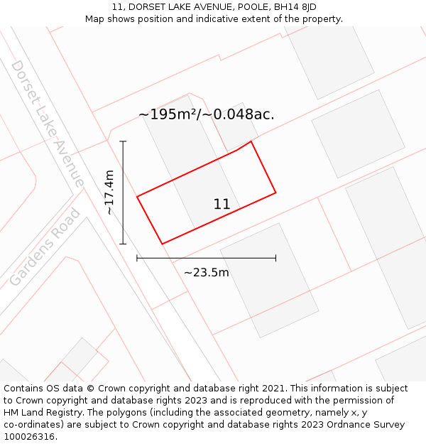 11, DORSET LAKE AVENUE, POOLE, BH14 8JD: Plot and title map