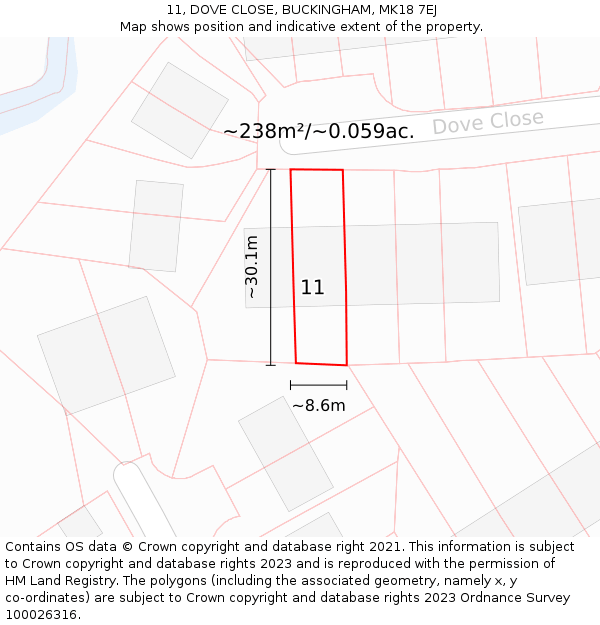 11, DOVE CLOSE, BUCKINGHAM, MK18 7EJ: Plot and title map