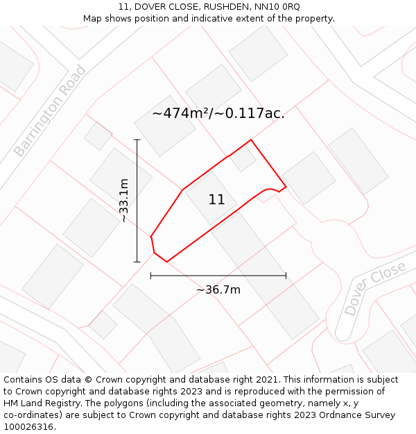 11, DOVER CLOSE, RUSHDEN, NN10 0RQ: Plot and title map