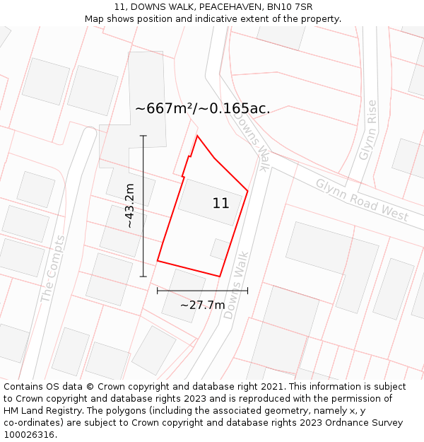 11, DOWNS WALK, PEACEHAVEN, BN10 7SR: Plot and title map