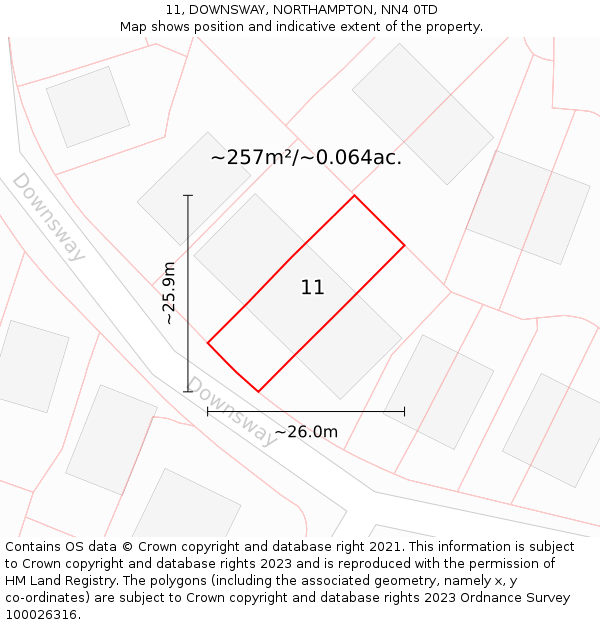 11, DOWNSWAY, NORTHAMPTON, NN4 0TD: Plot and title map