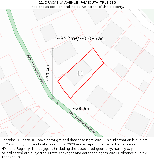 11, DRACAENA AVENUE, FALMOUTH, TR11 2EG: Plot and title map