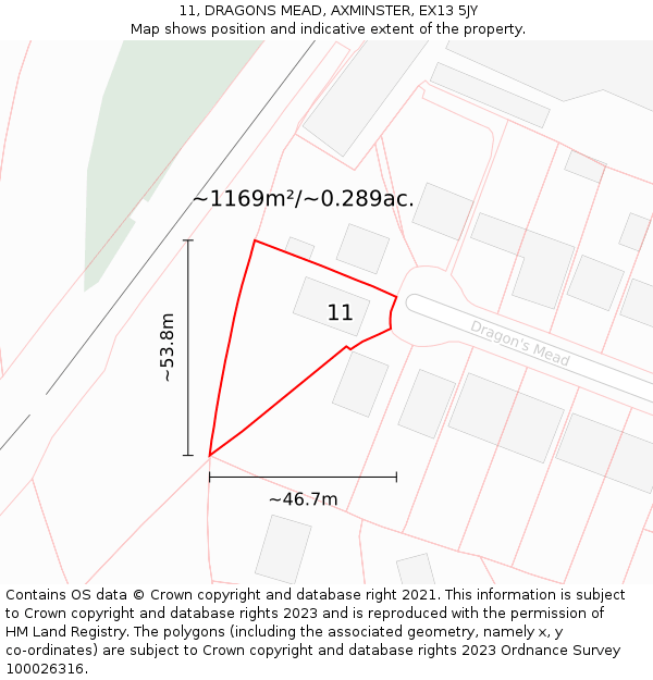 11, DRAGONS MEAD, AXMINSTER, EX13 5JY: Plot and title map