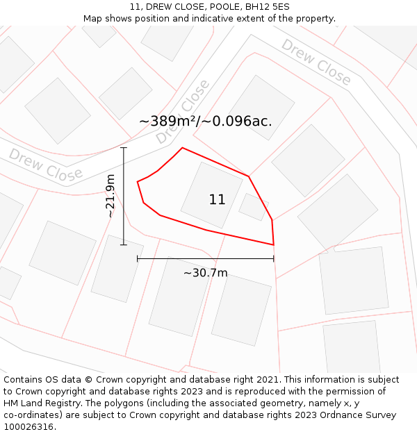 11, DREW CLOSE, POOLE, BH12 5ES: Plot and title map