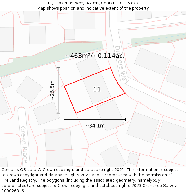 11, DROVERS WAY, RADYR, CARDIFF, CF15 8GG: Plot and title map